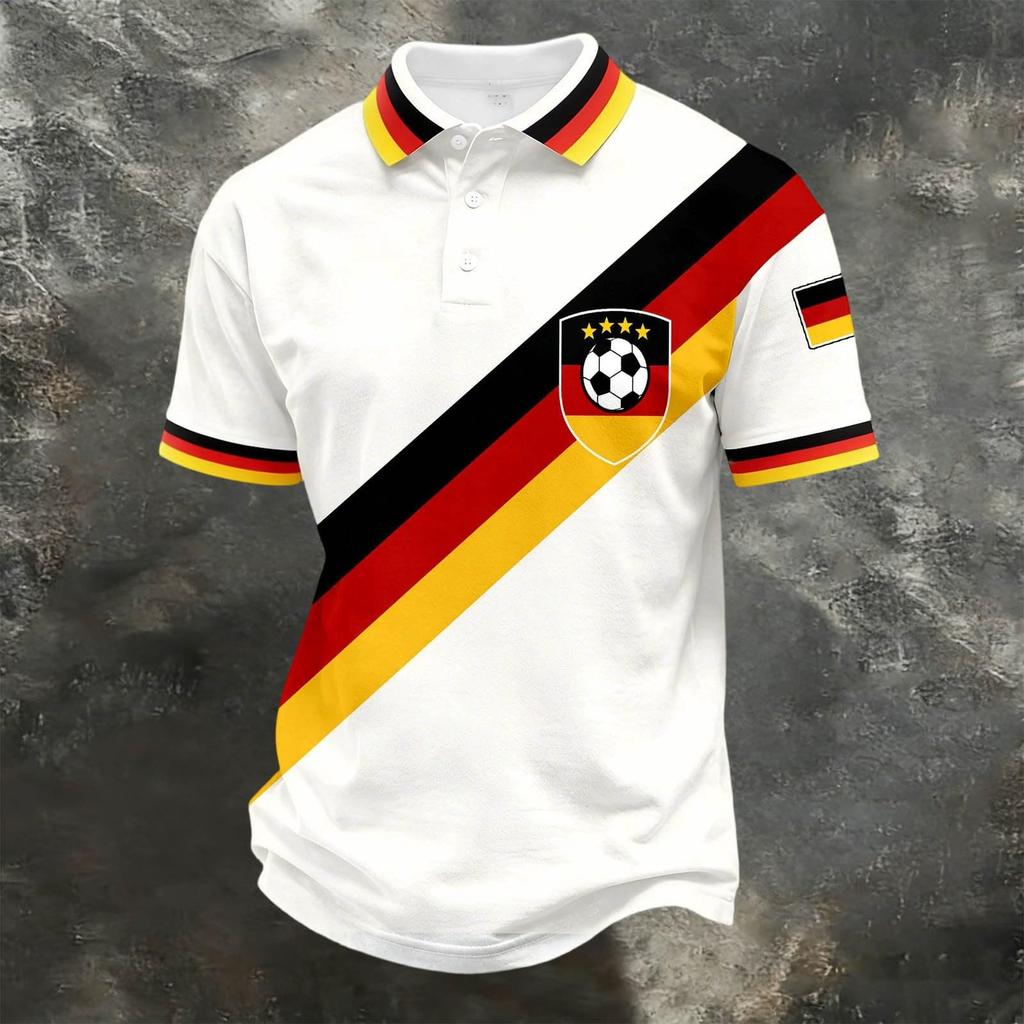 Unisex Casual Loose Fit Short Sleeve Polo Shirt with Germany Inspired Graphic Print and Button Collar for Everyday Wear