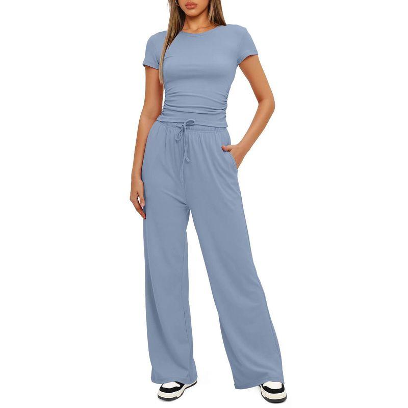 

Fashion Casual Fashion Gray round-Collar Short Sleeve T-shirt Shoelace Wide Leg Pants Two-piece Set Morning Exercise Running Sportswear Blue 2XL