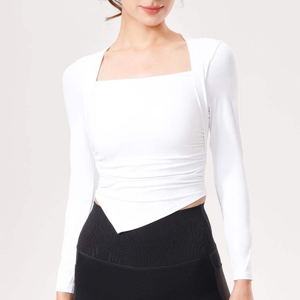 Women's Long-Sleeve Yoga Suit with Padded Waterdrop Cup and Ruched Slim-Fit Sports Top