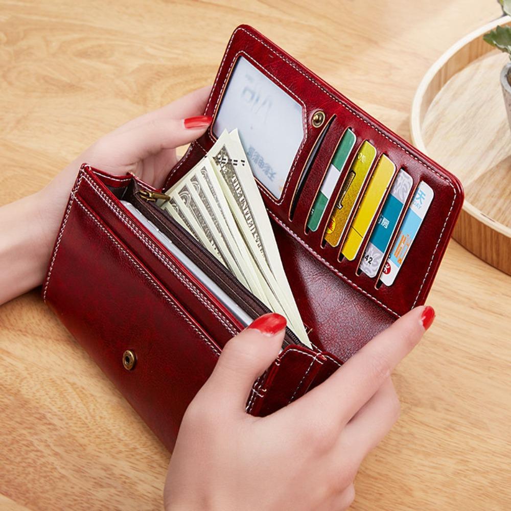 Vintage Fashion Oil Wax Leather Large Capacity Women's Long Wallets Clutch Multi-card Position Foldable Zipper Agraffe