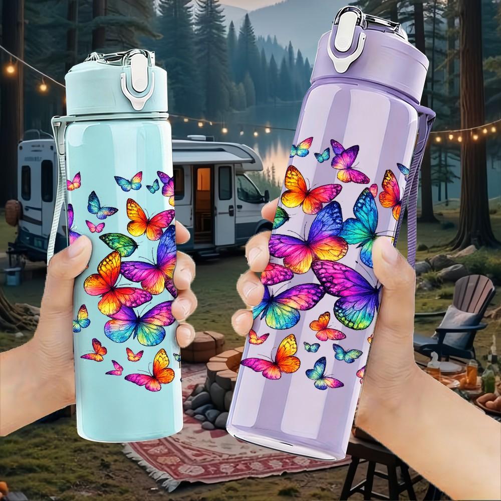 1PC Rainbow Butterfly Splash Abstract Print 750ml Color Plastic Sports Water Bottle Leakproof Flip Straw Lid Suitable for Sports Office Home Use