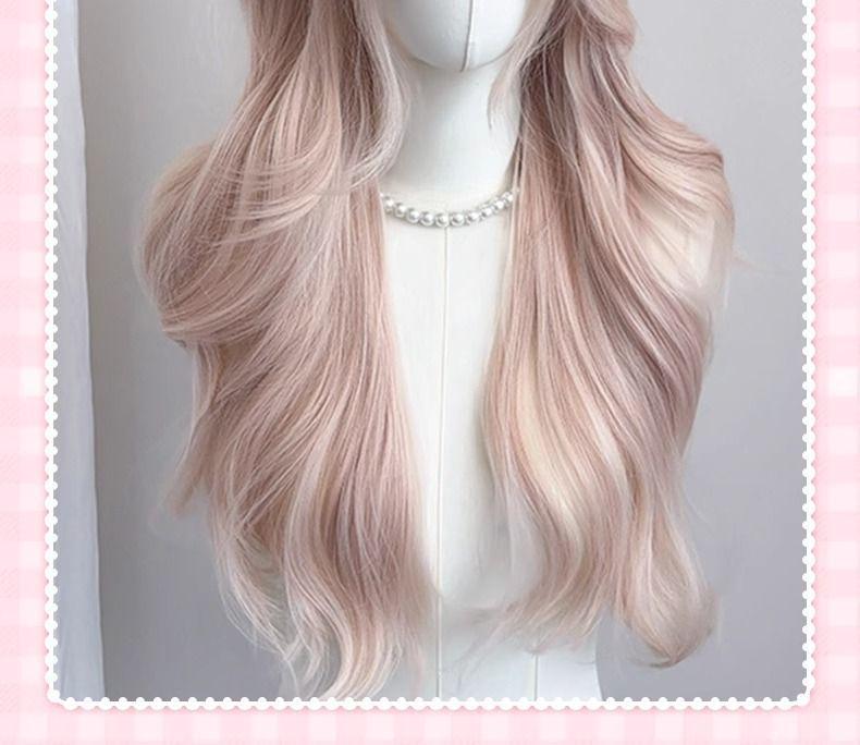 Dámská Lolita dlouhá kudrnatá paruka v barvě Mist Pink Gold s dvojitými culíky
