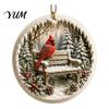 Acrylic Red Bird Pendant Christmas Ornament, Snow Scene Pattern Xmas Tree Pendants Hanging Decor, Retro Round for Winter Holiday Party Festive Decor