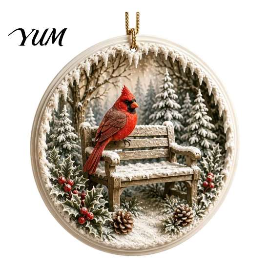 Acrylic Red Bird Pendant Christmas Ornament, Snow Scene Pattern Xmas Tree Pendants Hanging Decor, Retro Round for Winter Holiday Party Festive Decor