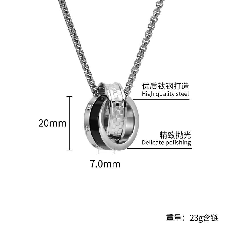 Stainless Steel Double Ring Pendant Necklace Men Hip Hop Style Long Chain With Crystal Charm Geometric Design