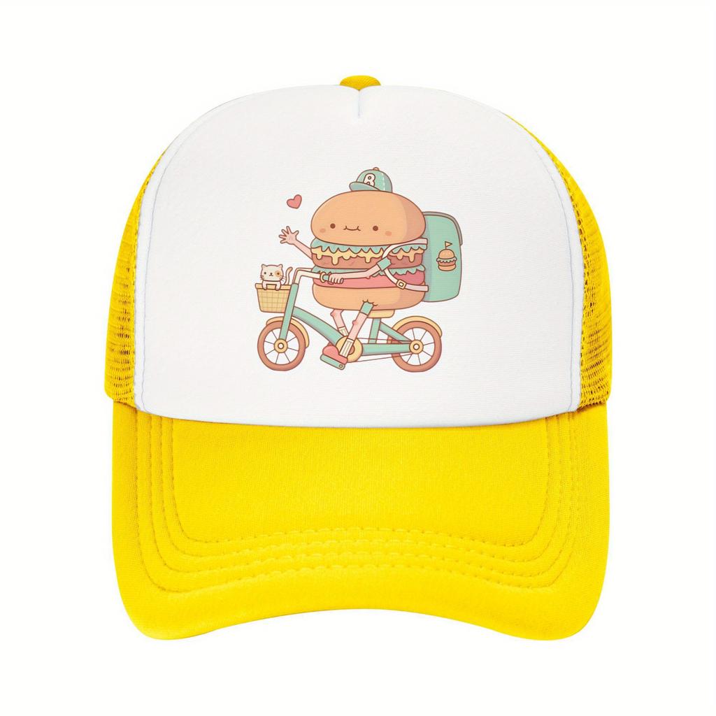 Burger Delivery Biker Trucker Hat Funny Food Print Mesh Back Adjustable Cap for Unisex Casual Outdoor