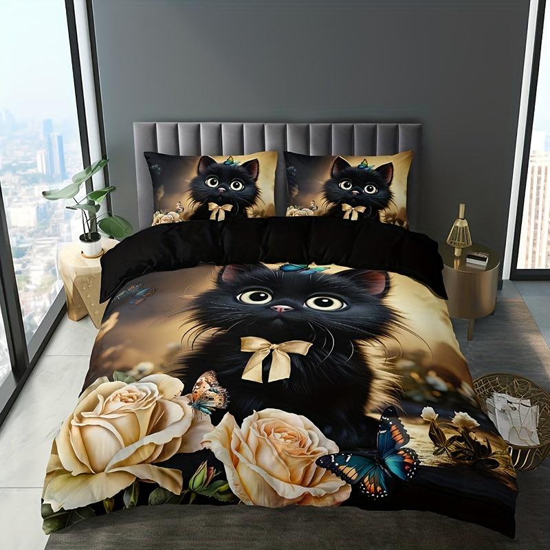 

Charming Cat & Yellow Rose Bedding Set Breathable Polyester All-Season Comfort Machine Washable Ideal For Home Or Dorm Decor 90X200cm 2PCS