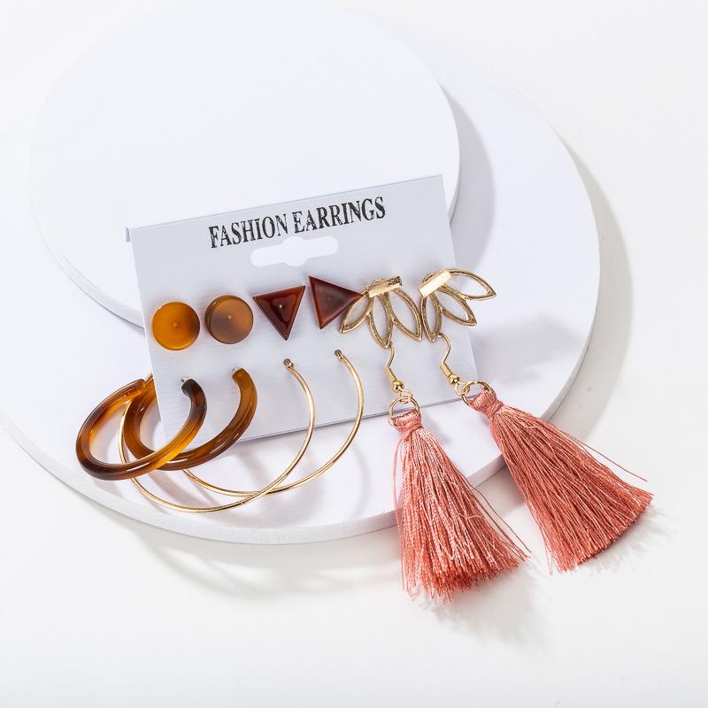 Fashion Acrylic Artificial Pearl Circle Fringed Stud Earrings Set 6-Piece Set, Style Earrings