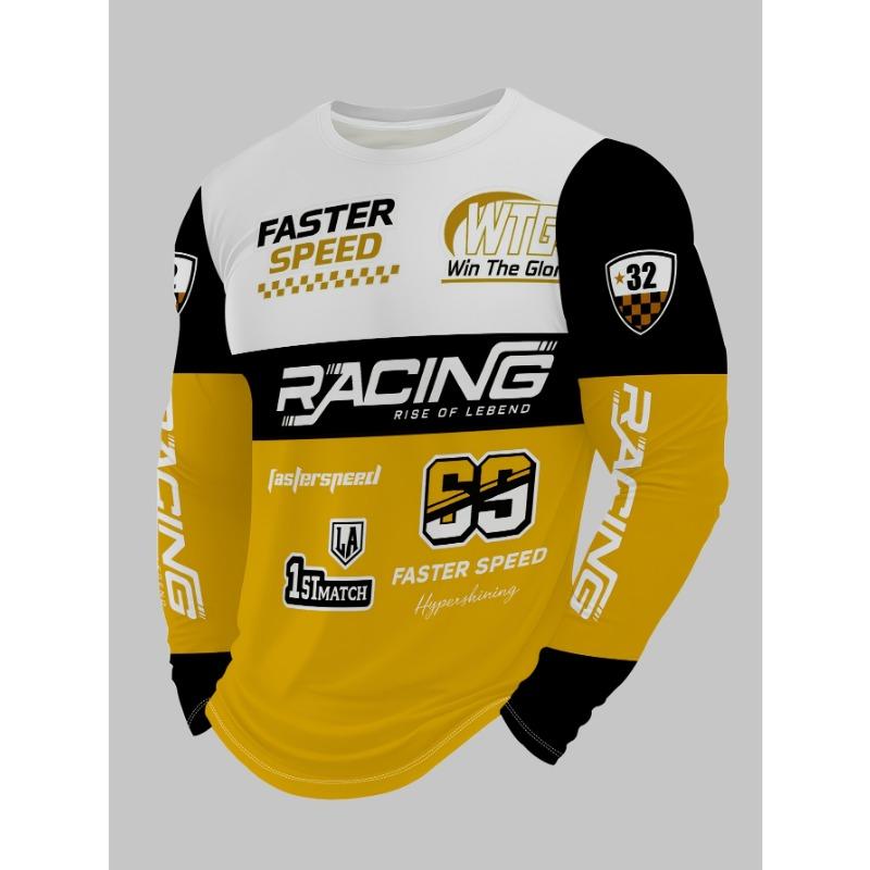 Men's Round Neck/[Print Design - Not Textured] Long Sleeve T-Shirt/Trendy Racing Element Print Top/Casual Letter Pattern/Plus Size