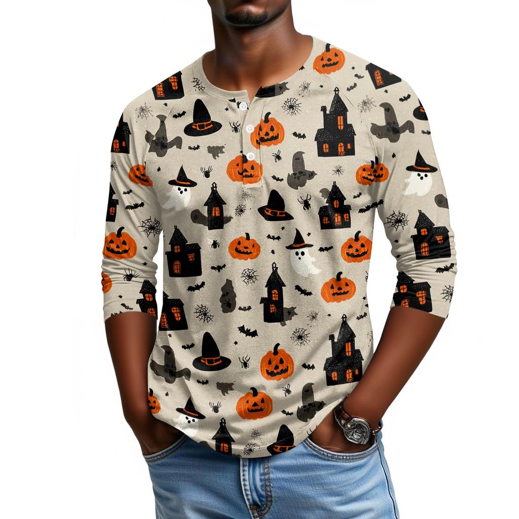 Men Casual Halloween Print Henley Shirt Raglan Three Quarter Sleeve Top Lightweight Comfortable Fabric