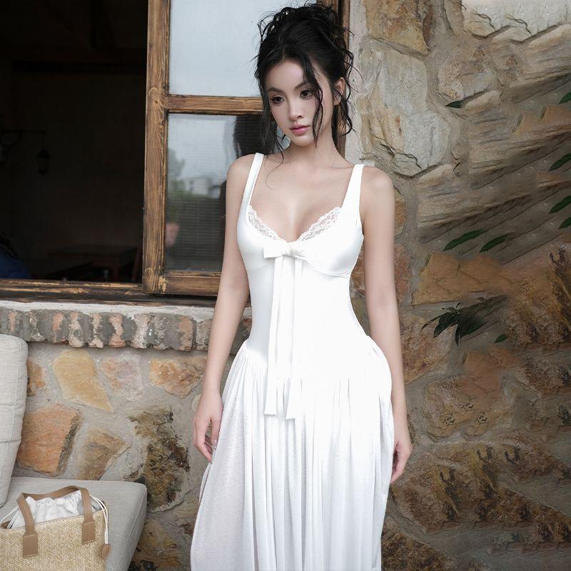 

Французский стиль Стиль гяру Платье-слинг с кружевом и бантом Pure Desire Женское Сексуальное Облегающее С разрезом Темпераментное Отпускное Длинное платье White S