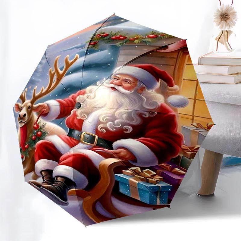 1pc Christmas Santa Claus Deer Sleigh with Automatic Opening/Closing Umbrella, Portable Tri-Fold Design, 8-Bone Iron Frame Outdoor Umbrella, Festive G