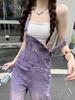 Women's Retro Purple High-Waist Denim Overalls - Slimming, Loose, Wide-Leg Jumpsuit for Spring & Summer