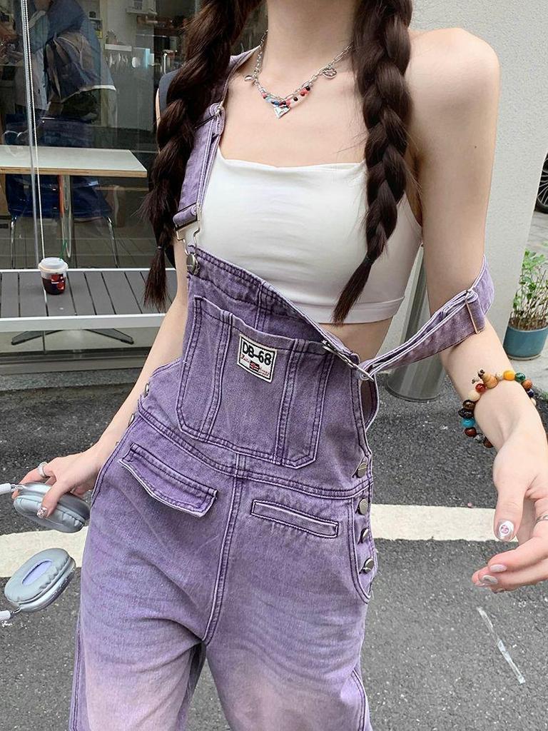 Women's Retro Purple High-Waist Denim Overalls - Slimming, Loose, Wide-Leg Jumpsuit for Spring & Summer