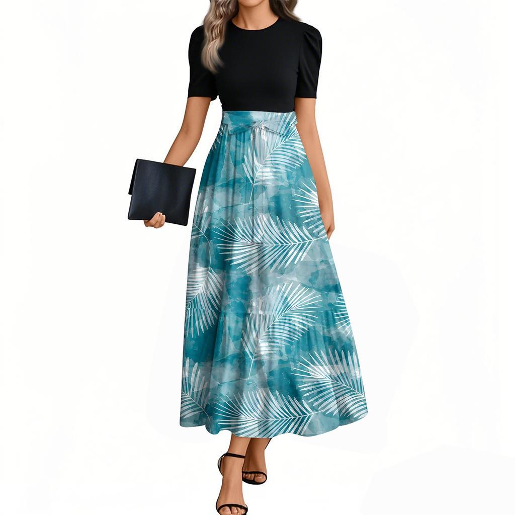 Women's Fashion Casual Belt Short Sleeve Round Neck Retro Printed Splicing Elegant Temperament Dress