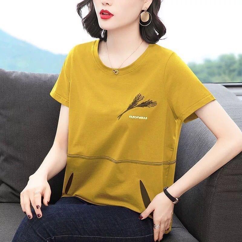 Large Size T-shirt for Women In Summer Short-sleeved Round Neck Middle-aged Mother's New Embroidered Casual Top
