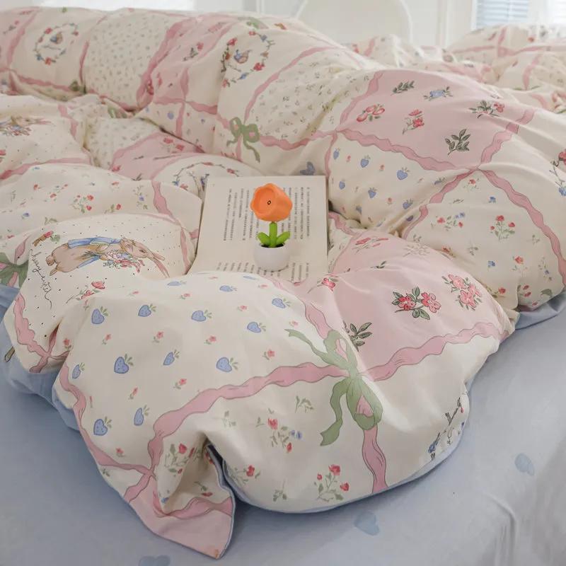 Pink Flowers Duvet Cover Set Ins Fashion Single Queen Size Girls Boys Flat Sheet Pillowcase No Filler Home Decor Bedding Set