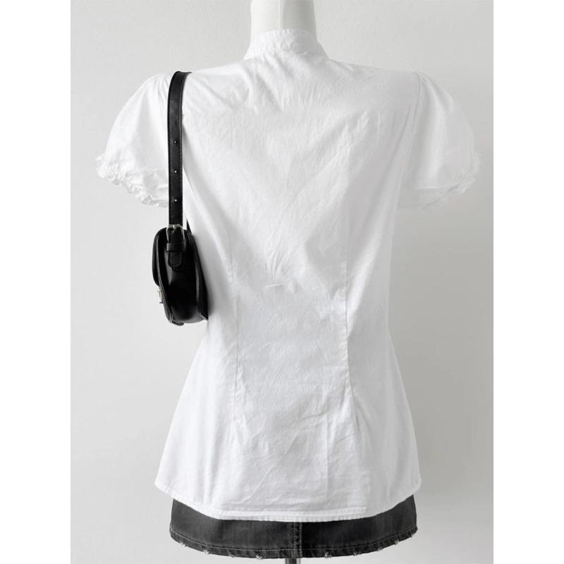 White V-neck Women's Shirts Unique Waist Cinching Design Summer Blouse Fashionable and Casual Versatile Ladies Clothing