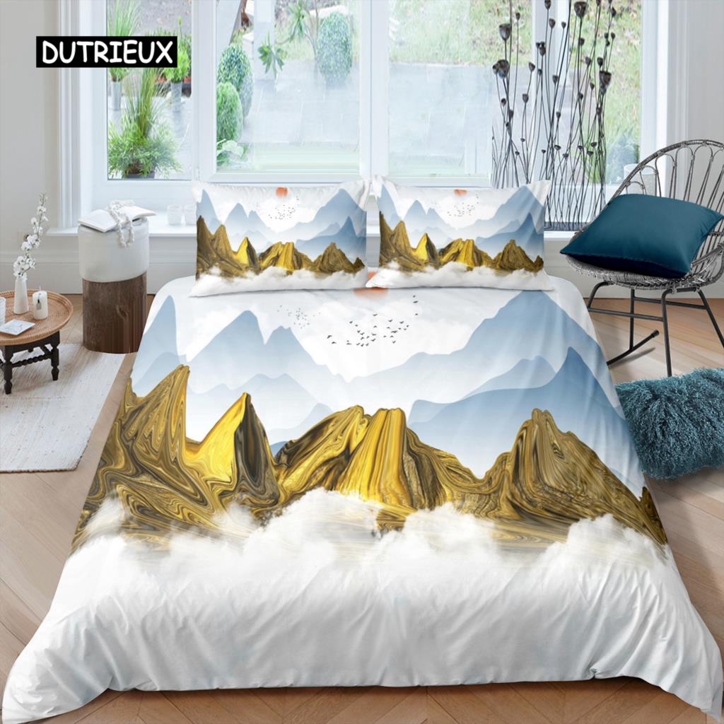 Natural Landscape King Queen Duvet Cover Comic Ink Painting Style Bedding Set Adults Tree Mountain River Polyester Quilt Cover