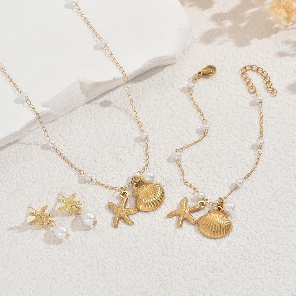 Ocean Style Women's Earrings Necklace Set Versatile Shell Pearl Bracelet Unique Beach Jewelry for Women