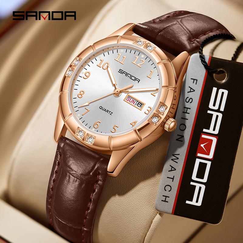 SANDA Womens Watch Original Elegant Simple Quartz Wristwatch Waterproof Luminous Leather Strap Ladies Watches Women's Gift