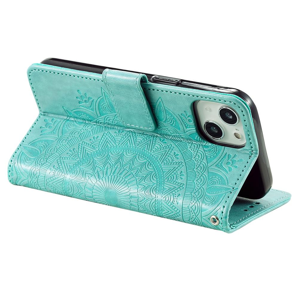 For iPhone 15 PU Leather Stand Cover Mandala Flower Imprint Wallet Phone Case with Strap