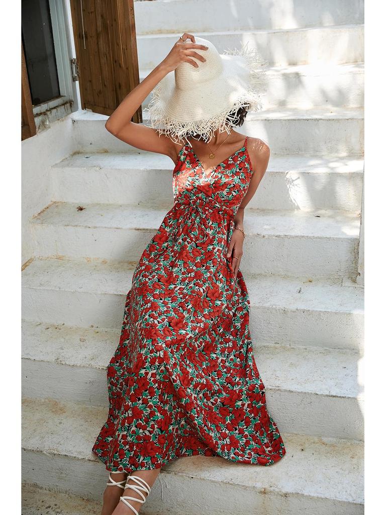 European and American Print Waist-Cinching Summer Midi Sling Dress for Women