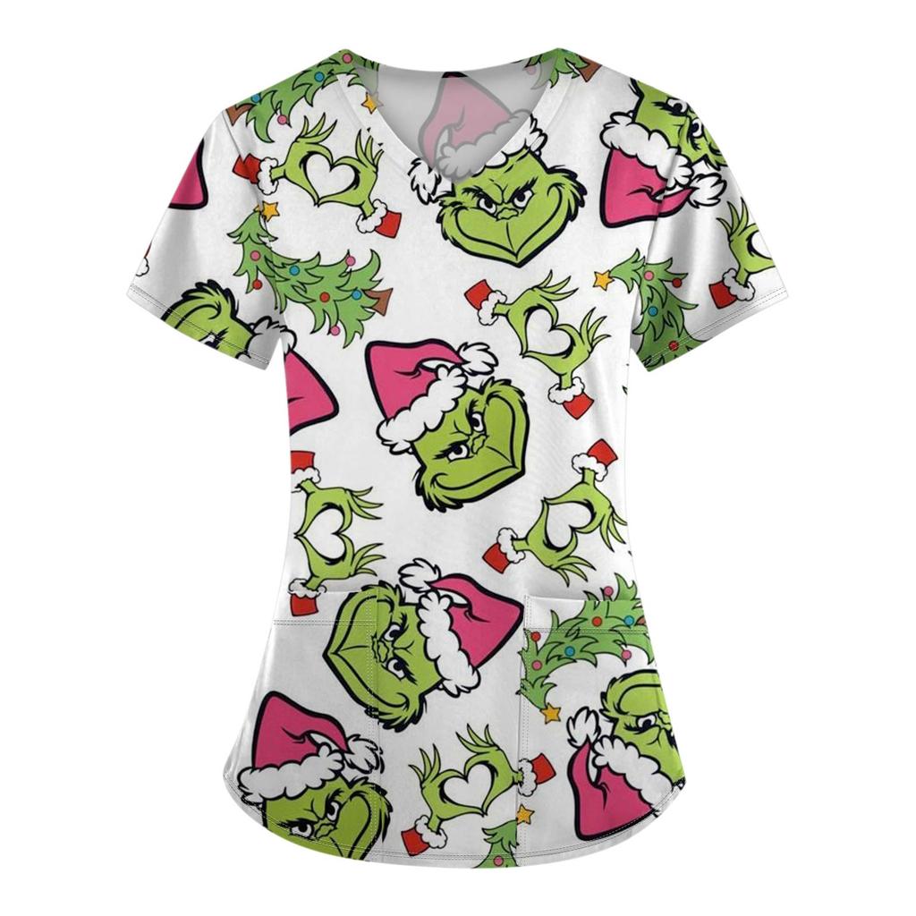 Women's Fashion Printed Short Sleeve V Neck Pattern Tops Pocket Working T-shirts