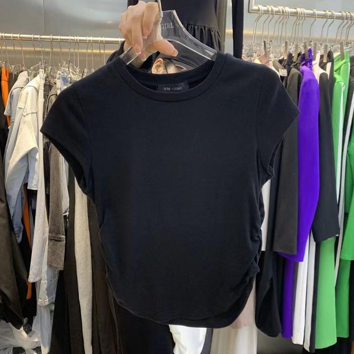Women's Short Sleeve Crop Top Round Neck Pure Desire Ruched Slim Fit T Shirt Solid Color Basic Casual Top