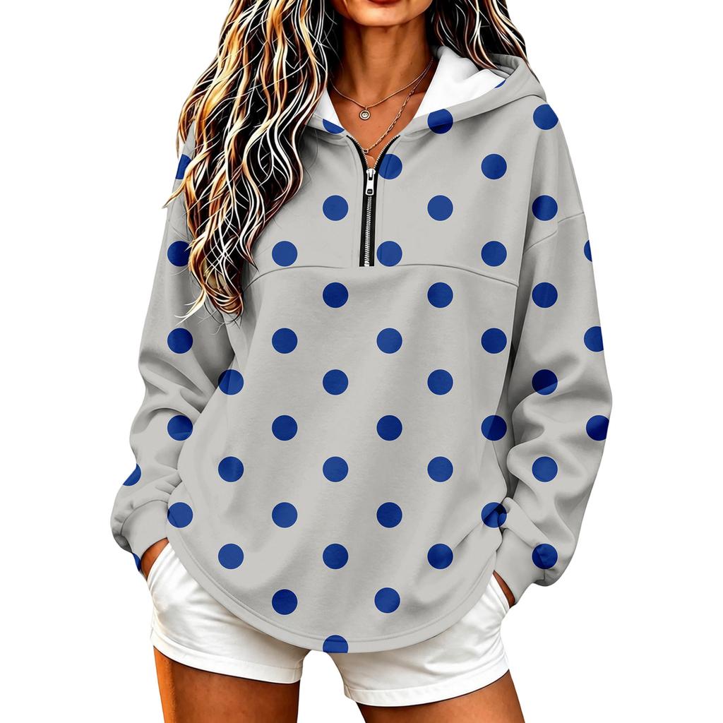 Leichter Kapuzenpullover für Damen mit Polka-Dot-Print, Pullover-Sweatshirt ohne Taschen für Freizeitkleidung