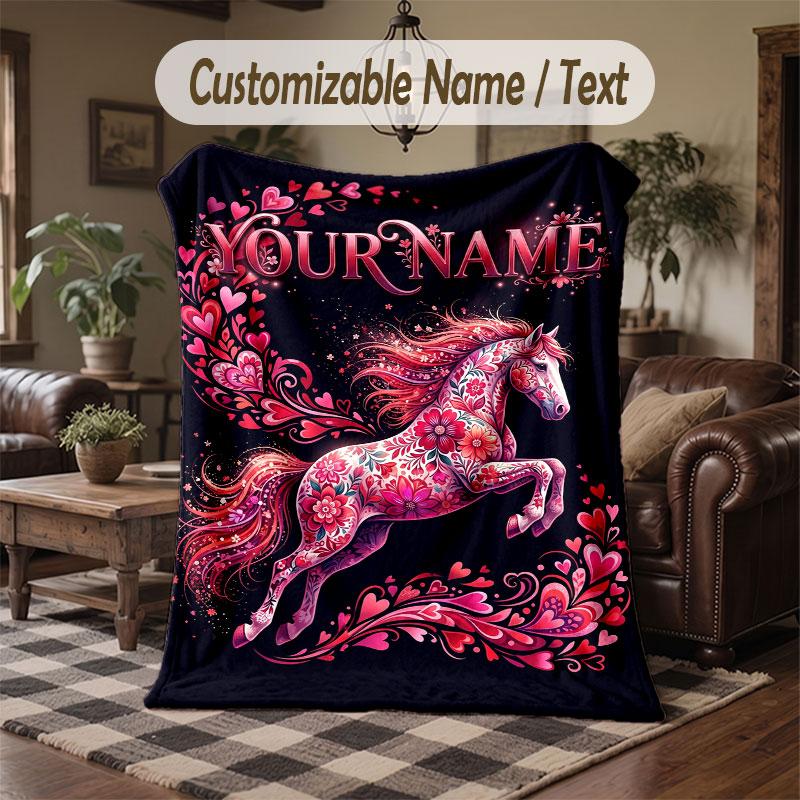 Horse Theme Throw Blanket Custom Name Text Personalized Blanket Soft Cozy Blanket for Home Sofa Bed