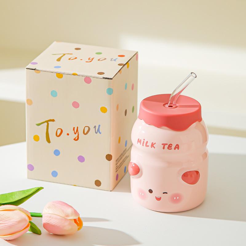 Animal ceramic straw cup with lid Summer essential water cup Girls household cup Juice cup Cold drink cup