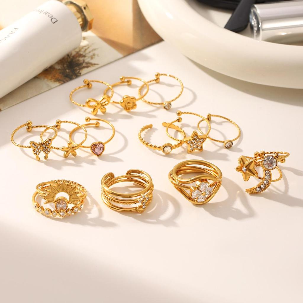 Europese & Amerikaanse 18k Goud Verguld Roestvrij Staal Diamant Ring Set - Lichte Luxe Dames Sieraden