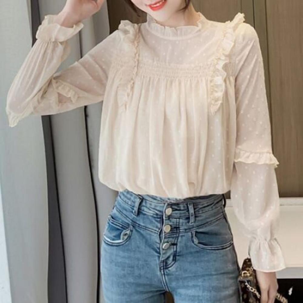 Blusa da Donna Navava con Volant e Arricciature Manica Lunga Nb2415