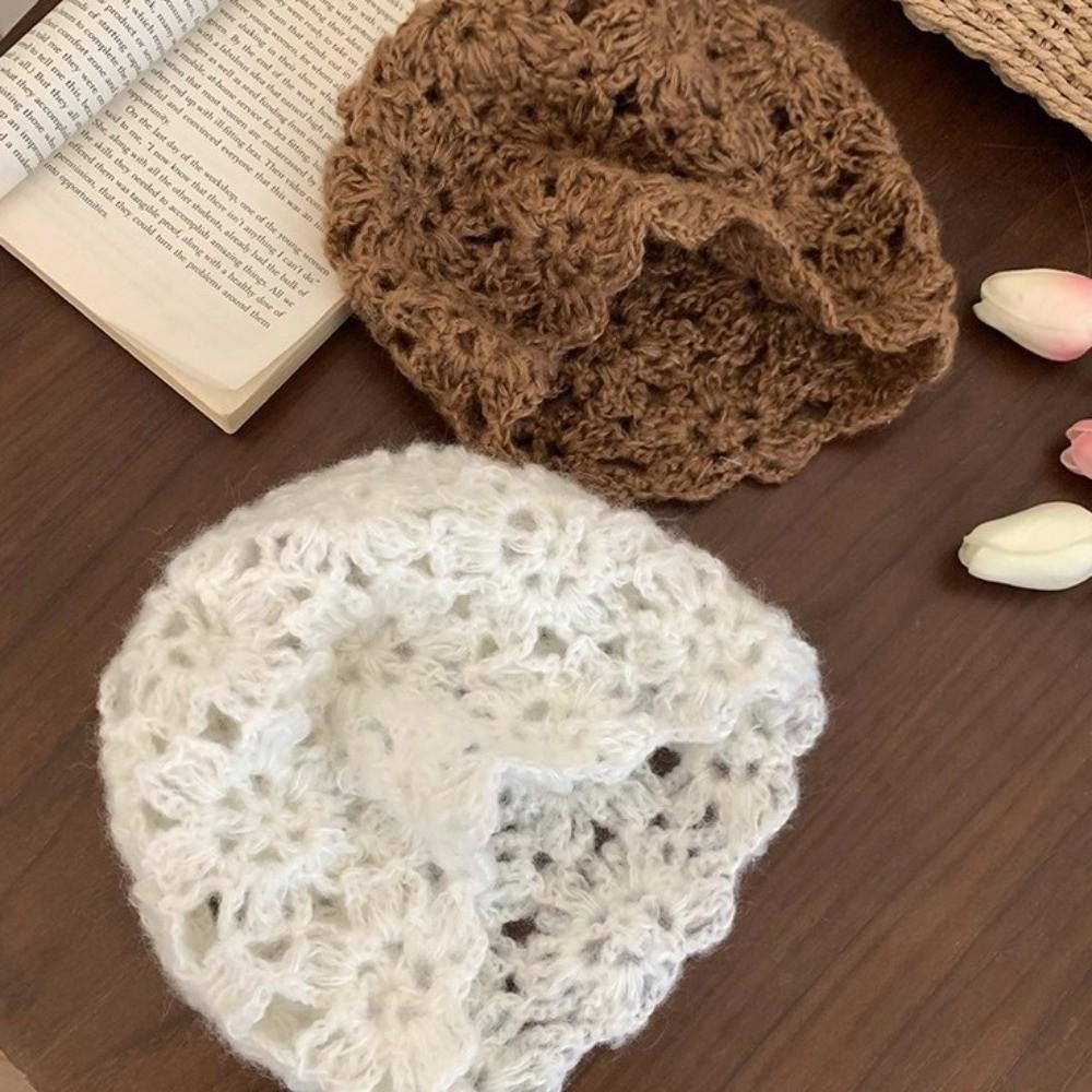 Hollow Knitted Pullover Hat Solid Color Beanies Cap Sweet Crochet Flower Hat  Girls