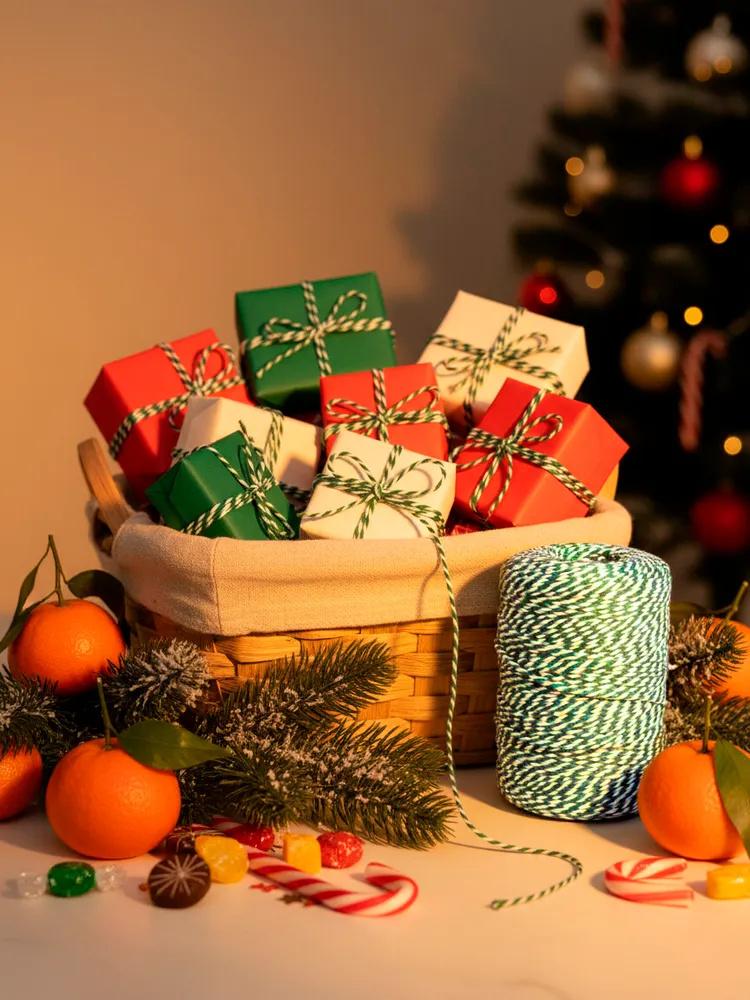 2 mm 100 m Jul DIY Tvåfärgad Bomullsband För Födelsedagspresentaskar Och Taggar