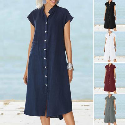 Summer Midi Dress Stand-up Collar Button-down Short Sleeve Loose Calf Length Dress Solid Color Casual Dress with Pocket