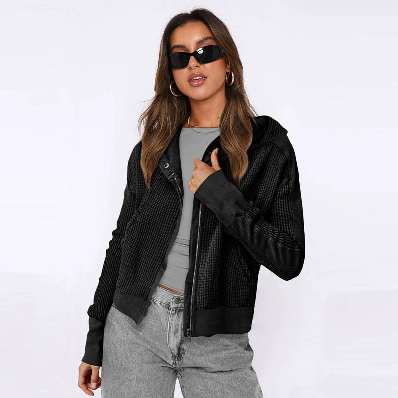 Autumn Winter Fashion Women's Hoodie Sweatshirts Patchwork Hooded Jacket Zip-Up Hoodie Cropped Knit Outerwear Y2K Coat