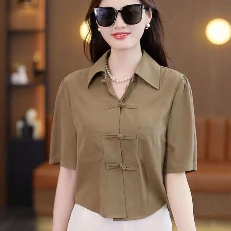 Camisa de Verano Estilo Chino Camisa Holgada de Color Sólido Camiseta de Temperamento de Manga Media Ombliguera Camisa para Mujer