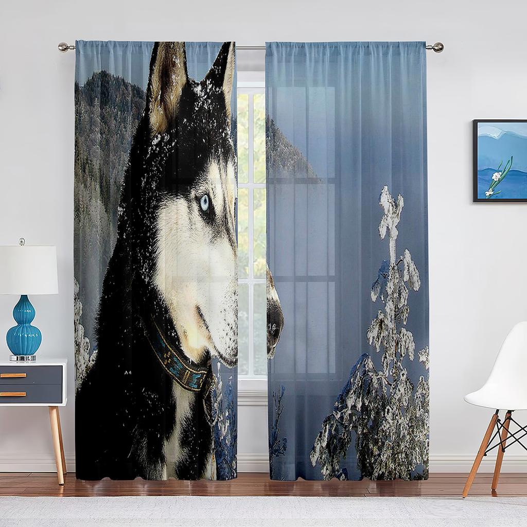 Winter Snow Husky Dog Cute Animal Puppy Sheer Voile Curtains for Living Room Bedroom Kitchen Decor Chiffon Tulle Window Curtains
