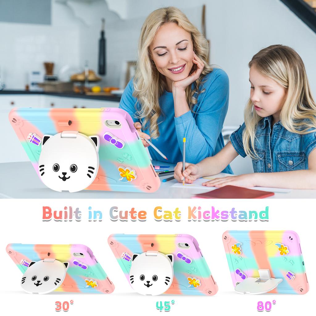 For iPad (2025)/iPad 10.9 (2022) Case PC + Silicone Colorful Tablet Cover with Cat Kickstand/Shoulder Strap