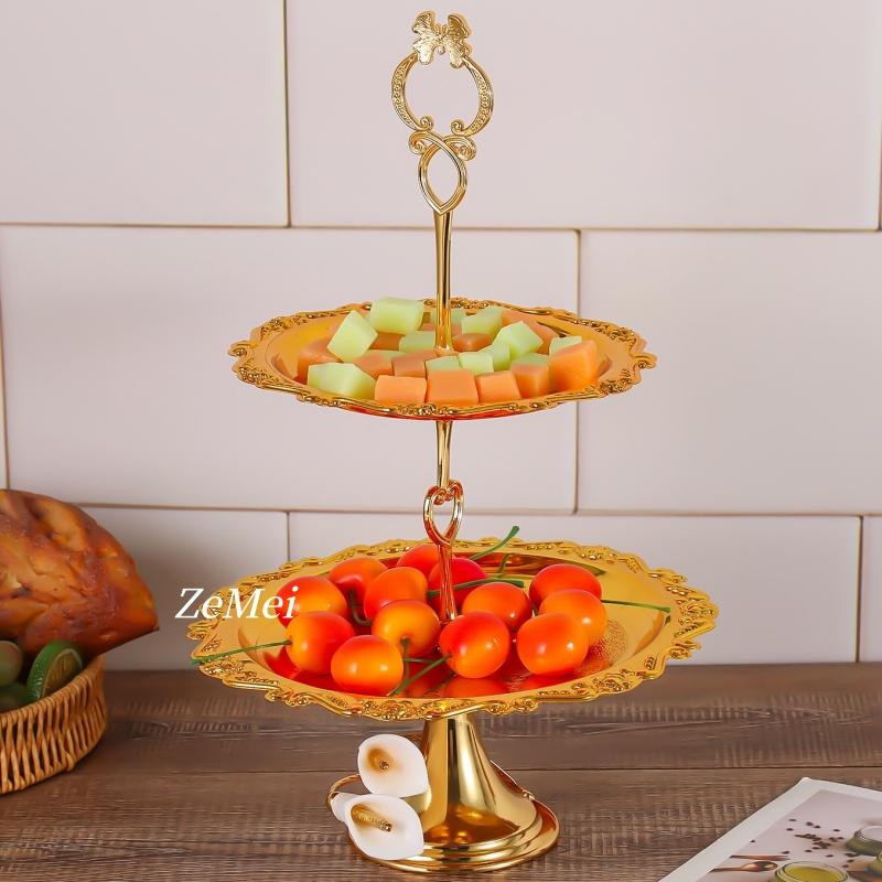 European-Style Double-Layer Cake Plate Display Rack ,Carved Flower Shape Metal Fruit Tray,Home Dessert Plate Wedding Decoration