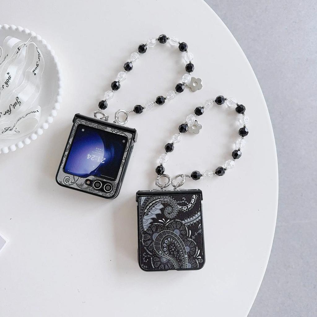 PU kožený korálkový kryt na telefon s poutkem na zápěstí pro Samsung Galaxy Z Flip 6 5 4 3 5G Ochrana pantu Nárazuvzdorný kryt