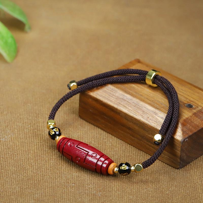 Red Agate Cinnabar Acacia Bean Necklace with Cat's Eye Gold Thread Clavicle Chain.