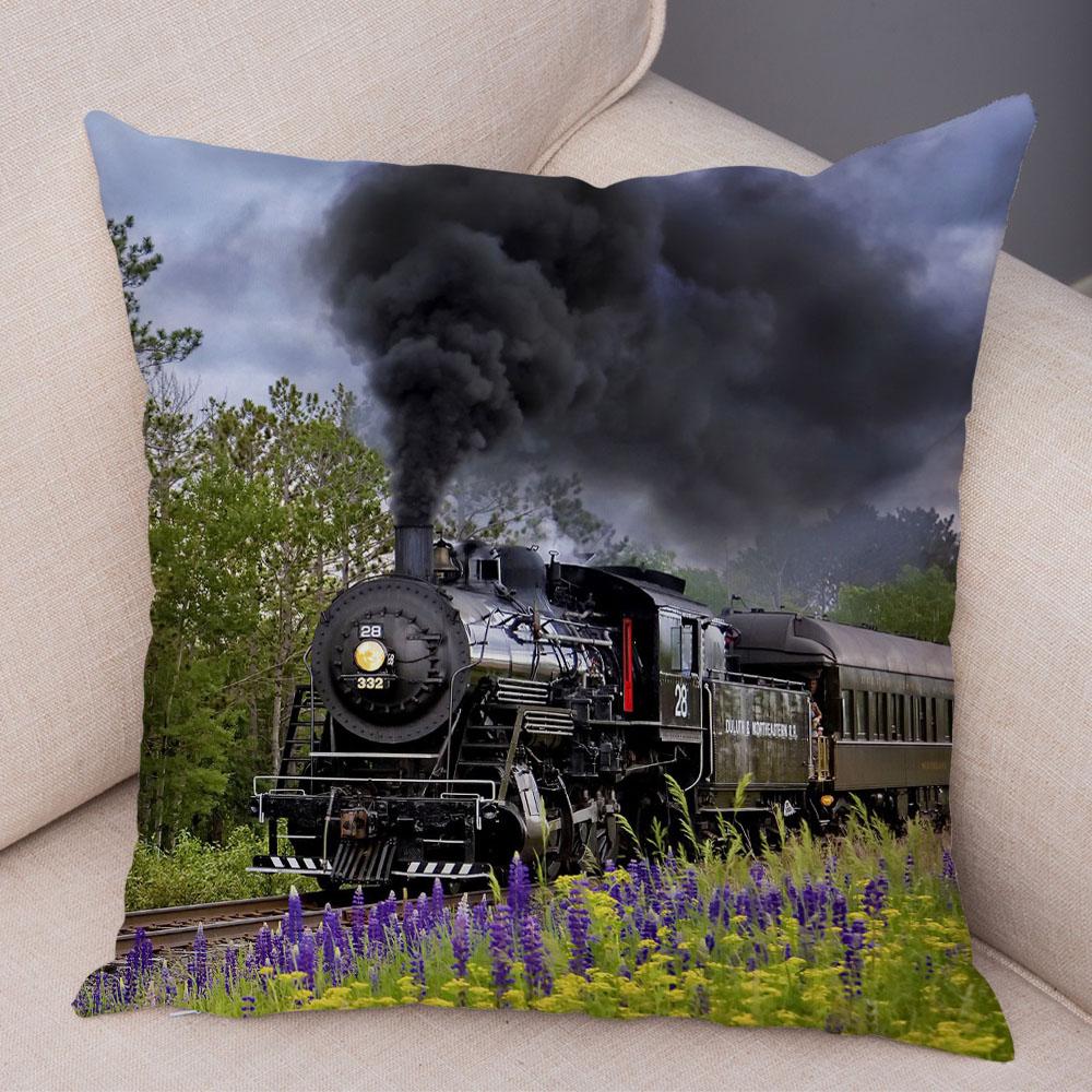 Pillowcase Vintage Style Steam Train Decor Retro Colorful Car Cushion Cover