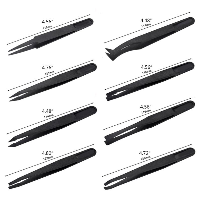 8 Styles Black Carbon Fiber Plastic Tweezers Kit for Nail Art DIY Picking Needle Nose Pointed Curved Flat Tip Tweezers
