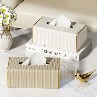 Elegant Nordic Style Faux Leather Tissue Box Cover with Italian Stripes Rectangular Design In White Golden for Living Room, Dining Area,Bathroom Decor