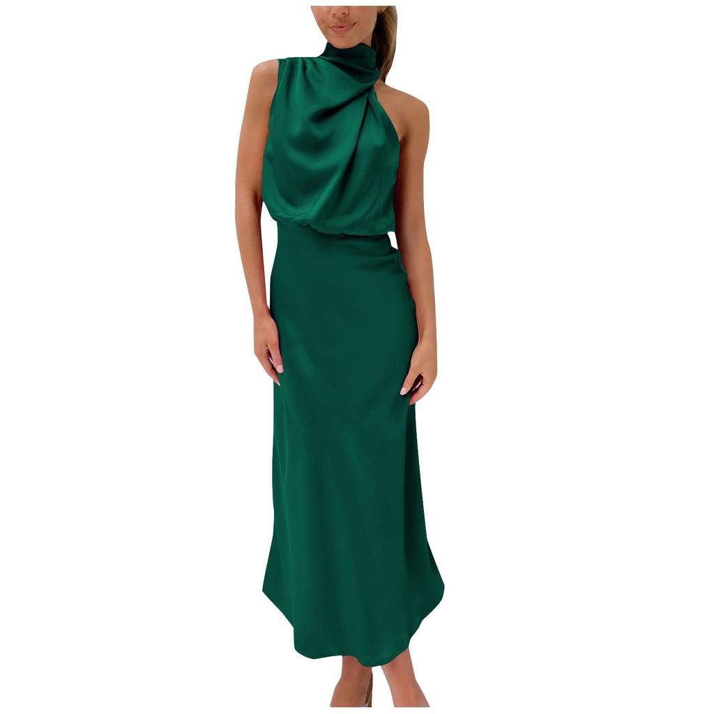 Women Sleeveless Mock Neck Cocktail Dresses Keyhole Elastic Waist Party Wedding Guest Satin High Split Mid Dress
