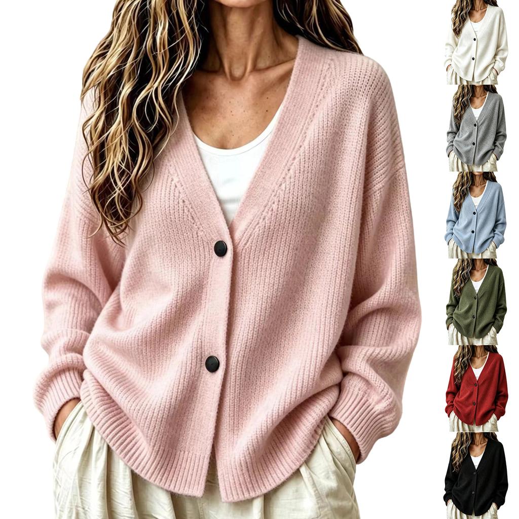 Women's Cardigan Sweater with V-Neck Button Front Long Sleeve Loose Fit Knit Casual