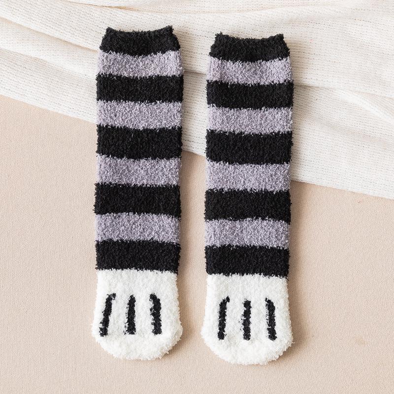 Women's Mid-Calf Coral Fleece Socks: Half-Sided Fleece, Cat Paw Design, Cute & Cozy for Autumn/Winter